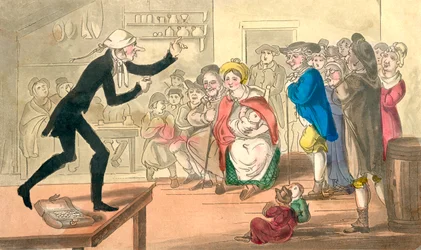 Dr. Comicus vendant ses pilules, des Aventures de Dr. Comicus ou Les Frasques de la Fortune, publié vers 1815 (aquatinte en couleur)